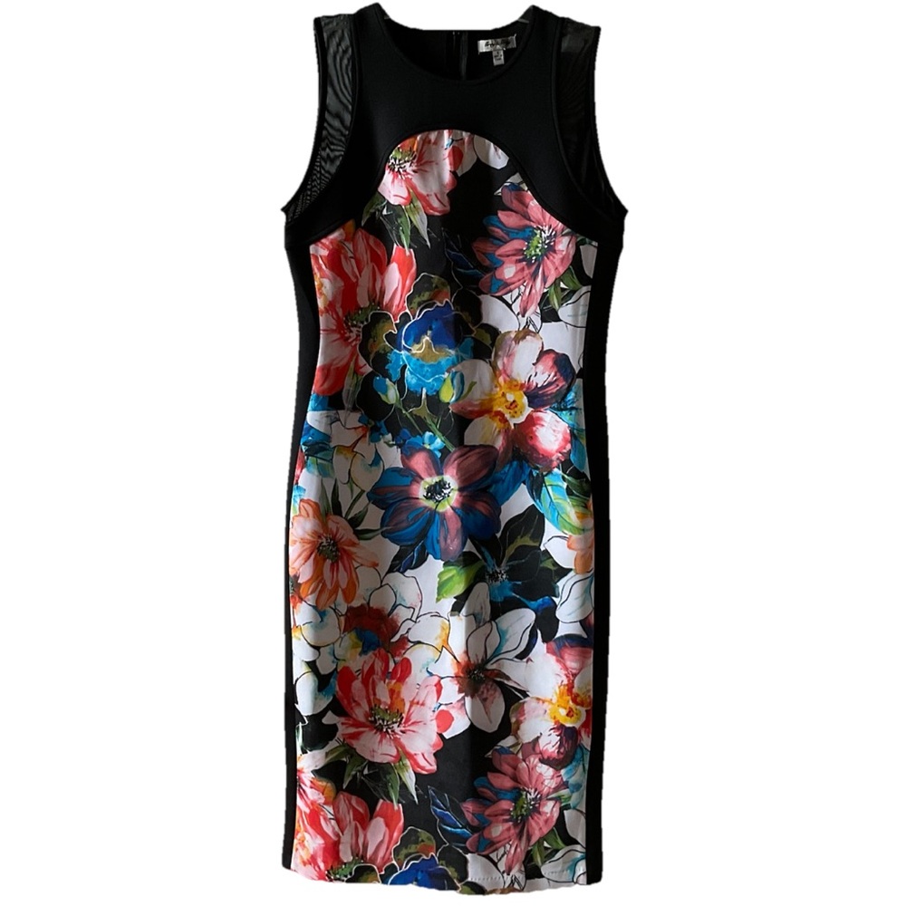 Grey & Gray Sleeveless Floral Sheath Dress - Black with Multicolor Bloom Size 8